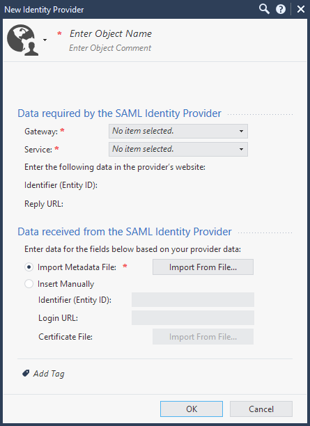 게이트웨이를 고르고 SAML Identity Provider가 요구하는 데이터를 채우는 New Identity Provider 창